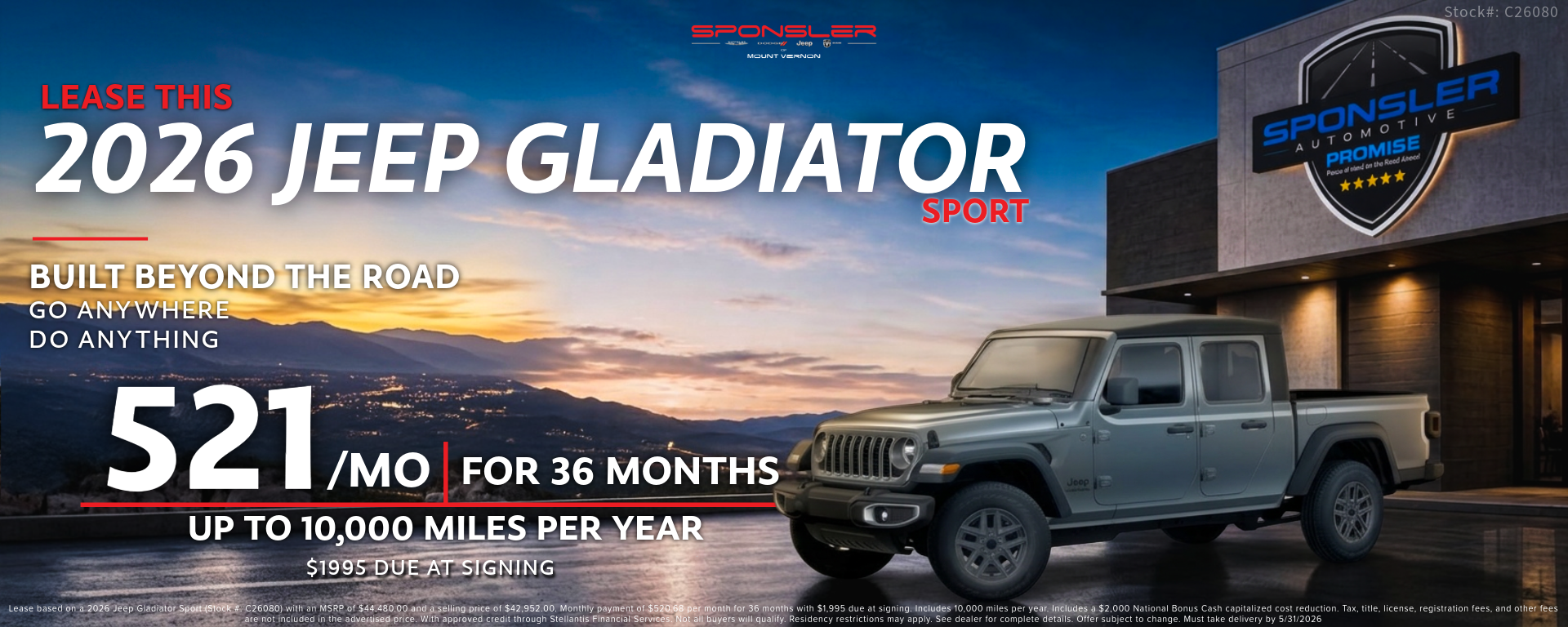 Special offer on    Lease this 2026 Jeep Gladiator Sport